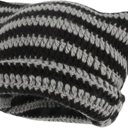 Fairy-like retro knitted hat, cat hat, striped loose crochet hat, warm knitted alternative headwear accessory for winter.