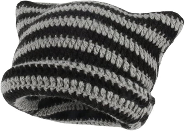 Fairy-like retro knitted hat, cat hat, striped loose crochet hat, warm knitted alternative headwear accessory for winter.