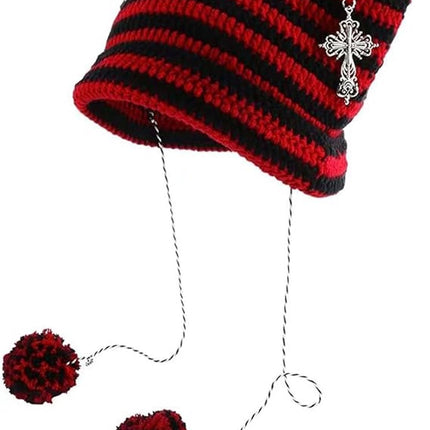 Ladies' Hat - Retro-style knitted hat - Crocheted girl's hat - Fox and cat ear design - Matches retro-style clothing (One size, red)