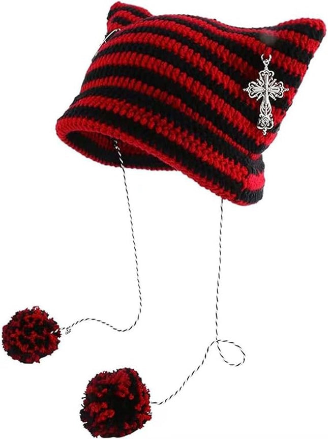 Ladies' Hat - Retro-style knitted hat - Crocheted girl's hat - Fox and cat ear design - Matches retro-style clothing (One size, red)