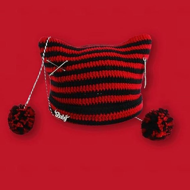Ladies' Hat - Retro-style knitted hat - Crocheted girl's hat - Fox and cat ear design - Matches retro-style clothing (One size, red)