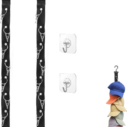 Hat Rack - 2 Pieces - Cap Rack - Cap Organizer - Wall Hat Hook - Hat Holder - Simple Hat Rack - Clothes Hanger - Cap Organizer - Cap Holder - Hanging Baseball Cap - Wall Mount with Hooks - 360 Degree Rotatable - 8 Hat Storage Clips