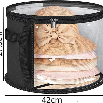 Hat Box - Hat Storage Box - Storage Box for Hats - Round Hat Boxes - Ø 42x27.8 cm - Stackable Hat Organizer - Foldable Round Brim Hat Organizer Bag - With Zipper, Transparent Window - Black - 1 Piece