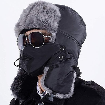 Winter Trapper Hat - Winter Hat Keeps Warm - Cotton Hat - Windproof Warm - For Snowboarding Skating Cycling - Soft Comfortable With Elastic - 3 In 1 - With Warm Ear Flap - Black - Size 55-60cm