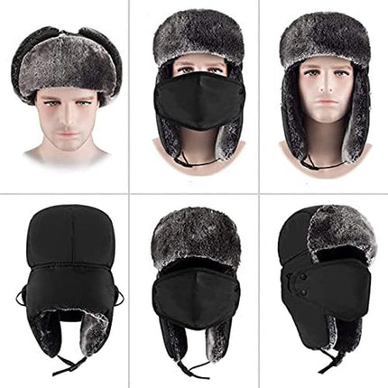 Winter Trapper Hat - Winter Hat Keeps Warm - Cotton Hat - Windproof Warm - For Snowboarding Skating Cycling - Soft Comfortable With Elastic - 3 In 1 - With Warm Ear Flap - Black - Size 55-60cm