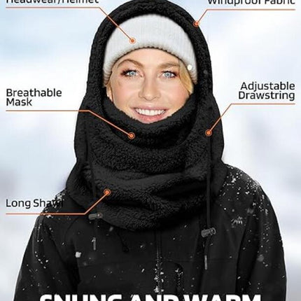 3-in-1 Women's Hat, Scarf & Face Mask - winter hooded scarf - windproof women's hat - cold protection - winter ski mask for men women - women's hat neck windproof scarf with hood cold weather warm face covering - Balaclava - Black