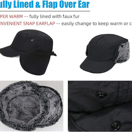 Beanie - Winter hat - Men's winter hat - Winter ear flap hat - with visor - with ear flaps - Ski hat - Cold weather - Trapper hat - Ear warmers Water-repellent outdoor hat - Winter - for outdoor sports, skiing, cycling, hiking, running - black