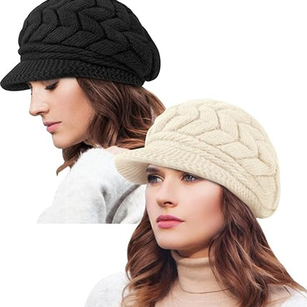 Ladies' Hat - Beanie Hat - Beret - Ladies' Beret - 2 Pieces - Knitted hat for ladies - Warm Winter Beret - Winter Hat - Warm Hats - Winter Hat with Brim - Winter - Fashion - Black/Beige