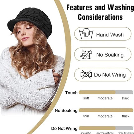 Ladies' Hat - Beanie Hat - Beret - Ladies' Beret - 2 Pieces - Knitted hat for ladies - Warm Winter Beret - Winter Hat - Warm Hats - Winter Hat with Brim - Winter - Fashion - Black/Beige