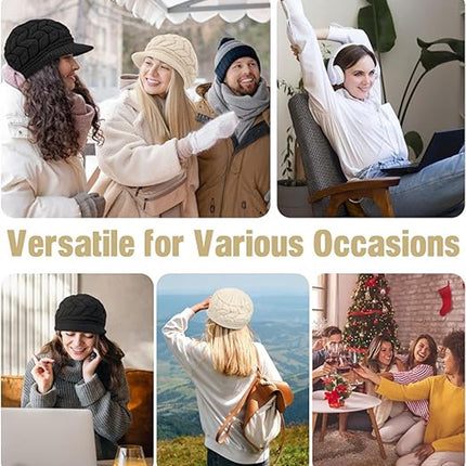 Ladies' Hat - Beanie Hat - Beret - Ladies' Beret - 2 Pieces - Knitted hat for ladies - Warm Winter Beret - Winter Hat - Warm Hats - Winter Hat with Brim - Winter - Fashion - Black/Beige