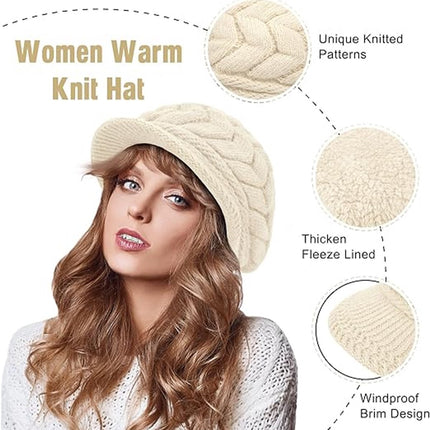 Ladies' Hat - Beanie Hat - Beret - Ladies' Beret - 2 Pieces - Knitted hat for ladies - Warm Winter Beret - Winter Hat - Warm Hats - Winter Hat with Brim - Winter - Fashion - Black/Beige