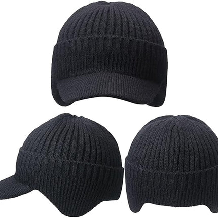 Hat - Knitted hat - Winter hat - Outdoor hat - Warm outdoor hat - with ear flaps and brim - warm knitted hat - windproof winter hat - warm ear protection - for men and women - for cycling, skiing and cold weather - black