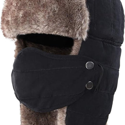 Beanie - men's beanie - Winter beanie - With Ear flaps and Face Mask - Winter Fur - Men's winter hat - Trapper hat - Black Ski Trooper - Snow Cap - Russian hat - Hunter's hat - Winter ear flap beanie - for cold weather - Black & Brown