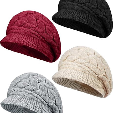 Ladies' Hat - Beanie Hat - Beret - Ladies' Beret - 4 Pieces - Knitted hat for ladies - Warm Winter Beret - Winter Hat - Warm Hats - Winter Hat with Brim - Winter - Fashion - Black/Beige/Grey/Red