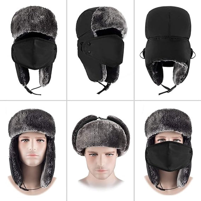 Beanie - men's beanie - Winter beanie - With Ear flaps and Face Mask - Winter Fur - Men's winter hat - Trapper hat - Black Ski Trooper - Snow Cap - Russian hat - Hunter's hat - Winter ear flap beanie - for cold weather - Black