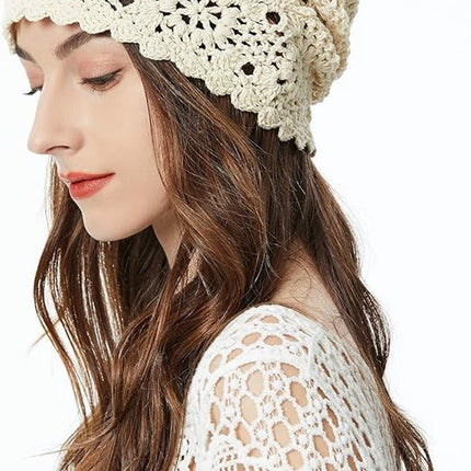 4-Piece Hat - Ladies' cotton crochet hat - Hand-knitted - Cotton hat for ladies crochet hats - Hand-knitted floral skull hats for autumn - cutouts - Knitted - Lightweight knitted hats for ladies - For Heads Of 55-61 Cm