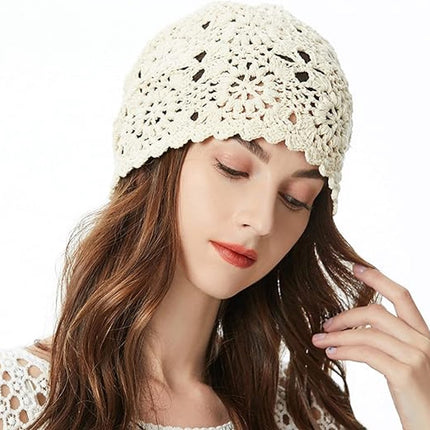 4-Piece Hat - Ladies' cotton crochet hat - Hand-knitted - Cotton hat for ladies crochet hats - Hand-knitted floral skull hats for autumn - cutouts - Knitted - Lightweight knitted hats for ladies - For Heads Of 55-61 Cm