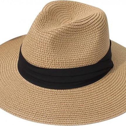 Women Men Straw Hat Panama Hat Summer Wide Brim Sun - Sun Hat with Curled Wide Brim - Anti-UV Hat for Beach Travel Sun Hat - Beach & Summer - Khaki
