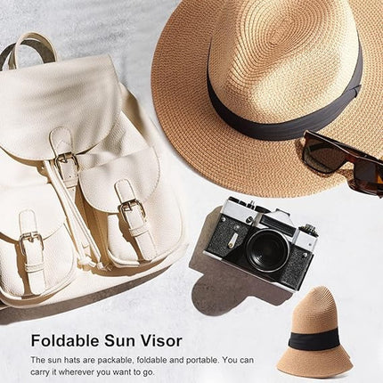 Women Men Straw Hat Panama Hat Summer Wide Brim Sun - Sun Hat with Curled Wide Brim - Anti-UV Hat for Beach Travel Sun Hat - Beach & Summer - Khaki