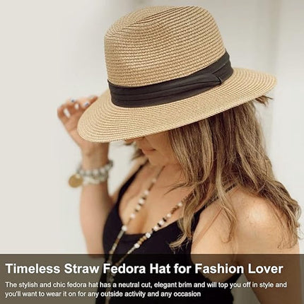 Women Men Straw Hat Panama Hat Summer Wide Brim Sun - Sun Hat with Curled Wide Brim - Anti-UV Hat for Beach Travel Sun Hat - Beach & Summer - Khaki