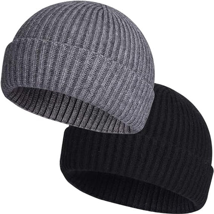 2 Pieces - hat - men's hat - Beanie - women's hat - men's beanie - Winter hat - knitted hat - Warm Hats - Cycling hat - Knitted ski hats - Running hats - Ultrawarm - Unisex - short knitted autumn winter warm hat - Grey, Black