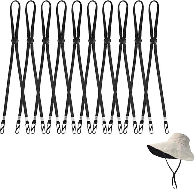 10 pieces - Hat cord - Windproof hat cord - Hat strap clips for travel hats - Removable chin strap - Anti-wind hood strap clip - Anti-loss hat strap clip - For golfing, boating, fishing, hats, outdoors - Black - 35 cm
