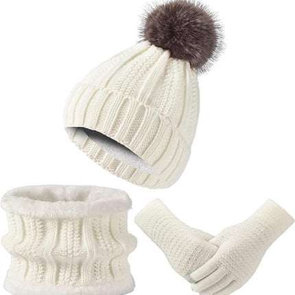 Hat with pompom, scarf and gloves - Three-piece Winter set - knitted fabrics - Warm Baggy Ski Hat - Winter Hat - Neck Warmer - Gloves - Touchscreen Gloves - for Outdoor play, skiing, motorcycling, windproof - for Men, Women - White