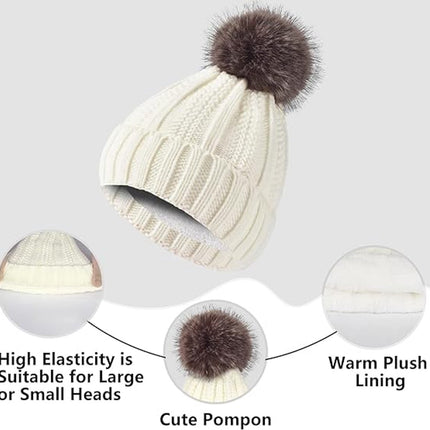 Hat with pompom, scarf and gloves - Three-piece Winter set - knitted fabrics - Warm Baggy Ski Hat - Winter Hat - Neck Warmer - Gloves - Touchscreen Gloves - for Outdoor play, skiing, motorcycling, windproof - for Men, Women - White