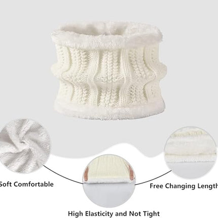 Hat with pompom, scarf and gloves - Three-piece Winter set - knitted fabrics - Warm Baggy Ski Hat - Winter Hat - Neck Warmer - Gloves - Touchscreen Gloves - for Outdoor play, skiing, motorcycling, windproof - for Men, Women - White