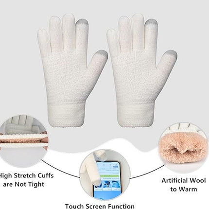 Hat with pompom, scarf and gloves - Three-piece Winter set - knitted fabrics - Warm Baggy Ski Hat - Winter Hat - Neck Warmer - Gloves - Touchscreen Gloves - for Outdoor play, skiing, motorcycling, windproof - for Men, Women - White