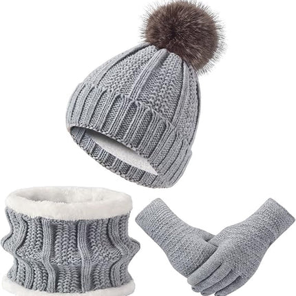 Hat with pompom, scarf and gloves - Three-piece Winter set - knitted fabrics - Warm Baggy Ski Hat - Winter Hat - Neck Warmer - Gloves - Touchscreen Gloves - for Outdoor play, skiing, motorcycling, windproof - for Men, Women - Grey