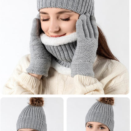 Hat with pompom, scarf and gloves - Three-piece Winter set - knitted fabrics - Warm Baggy Ski Hat - Winter Hat - Neck Warmer - Gloves - Touchscreen Gloves - for Outdoor play, skiing, motorcycling, windproof - for Men, Women - Grey