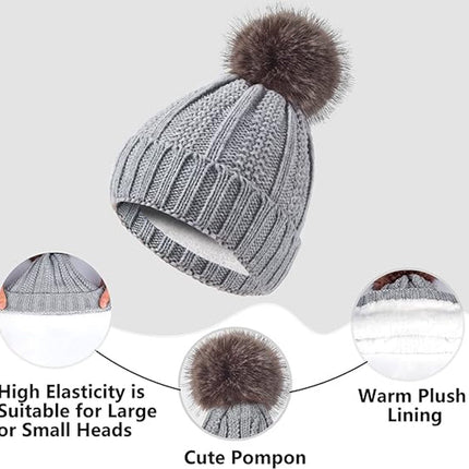 Hat with pompom, scarf and gloves - Three-piece Winter set - knitted fabrics - Warm Baggy Ski Hat - Winter Hat - Neck Warmer - Gloves - Touchscreen Gloves - for Outdoor play, skiing, motorcycling, windproof - for Men, Women - Grey
