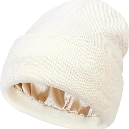 Hat - Knitted hat - Winter hat - Warm hat - Hat with satin lining - warm winter hat - knitted winter hat with fold-over brim - silk lining - soft knitted hat - warm and comfortable - for women and men - white