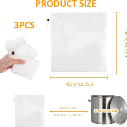 3 pieces - Filter bags - Brew filter bags - Brew bags - Filter Mesh Bags - Strainer cloth - Drawstring filter bags - Fine mesh sieve bags - Reusable - Fine mesh filter wine bag - Beer press - With fine mesh sieve and drawstring closure - 46*40 cm