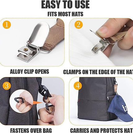 4 Travel Hat Clips - Dust Clips - Hands-Free Hat Holder - Outdoor Bag Accessories - Elastic Hat Clip - For Travel Bags, Backpacks, Wallets, Luggage Bags - Prevent Loss