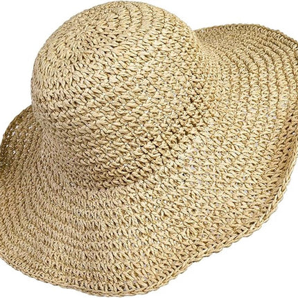 Ladies' straw hat - summer beach foldable sun hat wide brim - ladies' braided sun hat travel decoration vacation - soft and breathable - Summer & Vacation (beige)