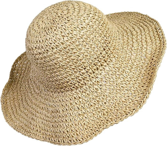 Ladies' straw hat - summer beach foldable sun hat wide brim - ladies' braided sun hat travel decoration vacation - soft and breathable - Summer & Vacation (beige)