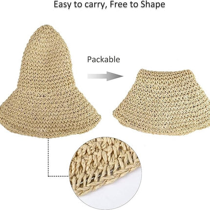 Ladies' straw hat - summer beach foldable sun hat wide brim - ladies' braided sun hat travel decoration vacation - soft and breathable - Summer & Vacation (beige)