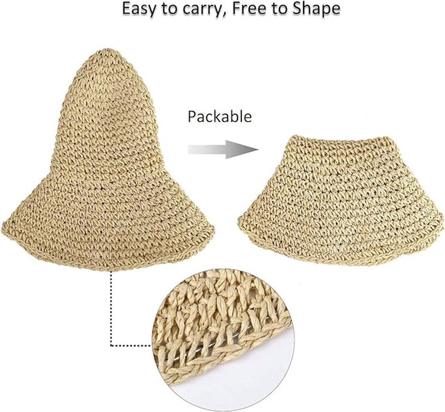 Ladies' straw hat - summer beach foldable sun hat wide brim - ladies' braided sun hat travel decoration vacation - soft and breathable - Summer & Vacation (beige)