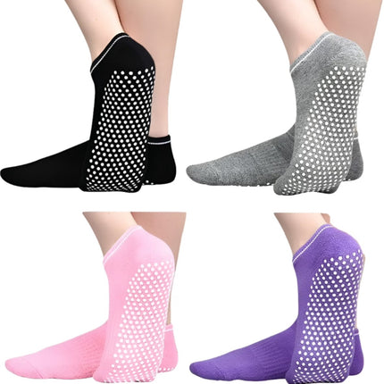 Non-slip socks - Pack of 4 pairs - Yoga and trampoline socks - Non-slip texture - Suitable for family use (black + light gray + pink + purple)