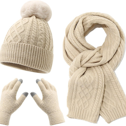 Women's Three-Piece Scarf Set - Women's Scarf - Women's Gloves - Warm Winter Hat - Solid Color - Cable Knit - Warm Hat with Fleece Lining - Knitted Hat with Pompom - Scarf - Unisex - Gloves - Beige