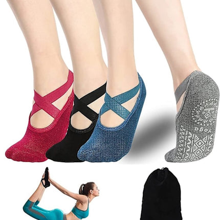 4 pairs of socks - yoga socks - non-slip socks - floor socks - yoga sports socks - one size fits all - suitable for ballet, dance, sports - red, blue, black, gray