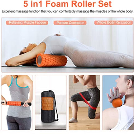 4 in 1 Foam Roller Set: Trigger Point Roller - Yoga Stick - Massage Ball - Fitness Stretching Band - Carrying Bag - Towel for Deep Muscle Massage - Pilates and Yoga