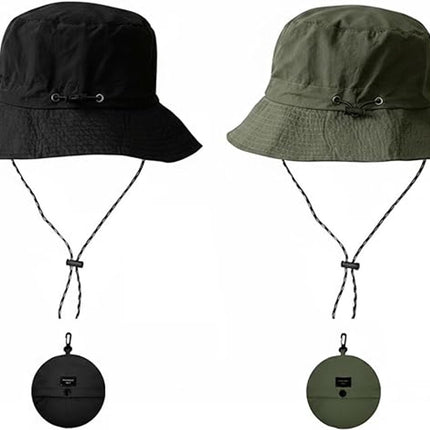 Hat - Sun Hat - Outdoor Jungle Hat - Foldable Bucket Hat - Rain Hat - Unisex - With Removable Chin Strap - 2-Piece (Black + Green)