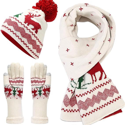 Warm hat, scarves and gloves - Set of 3 - Women's scarf - Warm hat with fleece lining - Knitted hat with pompoms - Warm scarf - Warm gloves - Christmas accessories - Christmas gift - Gifts for family and friends (White)