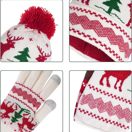 Warm hat, scarves and gloves - Set of 3 - Women's scarf - Warm hat with fleece lining - Knitted hat with pompoms - Warm scarf - Warm gloves - Christmas accessories - Christmas gift - Gifts for family and friends (White)