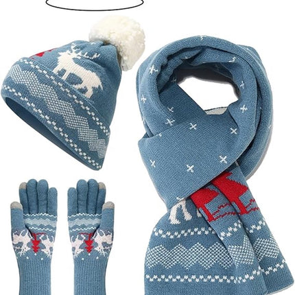 Warm hat, scarves and gloves - Set of 3 - Women's scarf - Warm hat with fleece lining - Knitted hat with pompoms - Warm scarf - Warm gloves - Christmas accessories - Christmas gift - Gifts for family and friends (White)