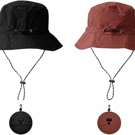 Hat - Sun Hat - Outdoor Jungle Hat - Foldable Bucket Hat - Rain Hat - Unisex - With Removable Chin Strap - 2-Piece (Black + Brick Red)