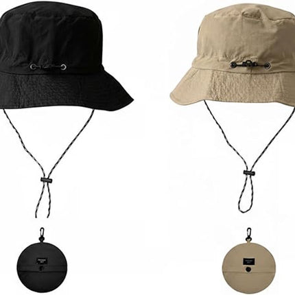Hat - Sun Hat - Outdoor Jungle Hat - Foldable Bucket Hat - Rain Hat - Unisex - With Removable Chin Strap - 2-Piece (Black + Khaki)